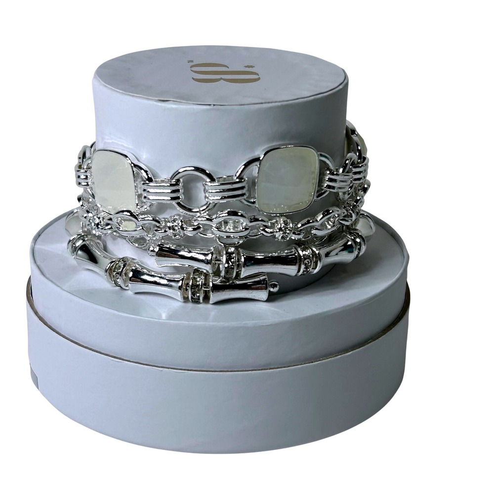 Bomb Party Only One I Want Silver Bamboo Cream Stone Bracelet Stack 3pc Set